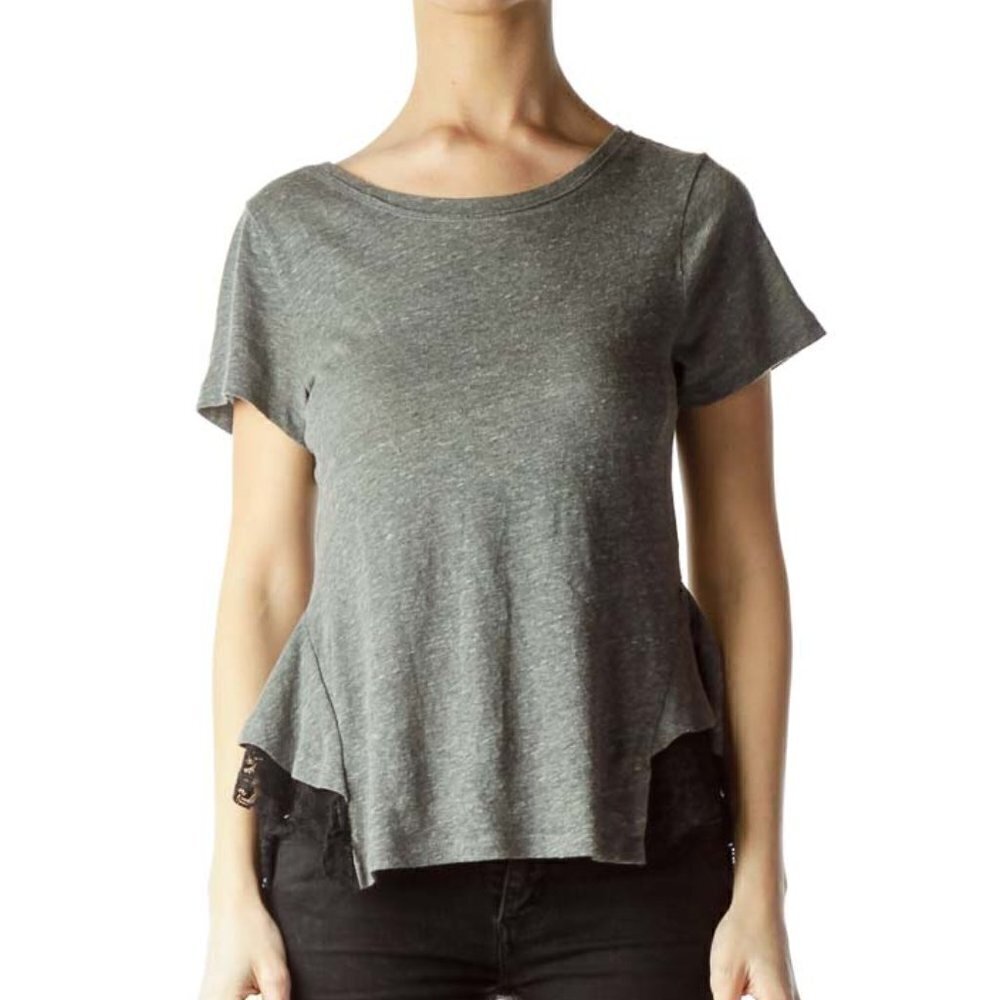 Free People Gray Black Lace Short Sleeve T-Shirt - Picture 1 of 3